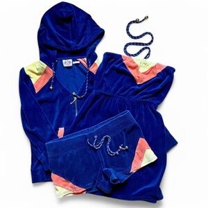 💙🧡💛 REGAL COLOR BLOCK VINTAGE JUICY COUTURE SET TERRY CLOTH JACKET DRESS SHORTS